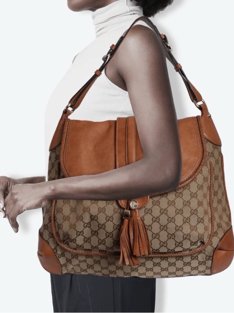 Authentic Gucci Tan/Brown GG Canvas Leather Tassel Shoulder Hobo Bag